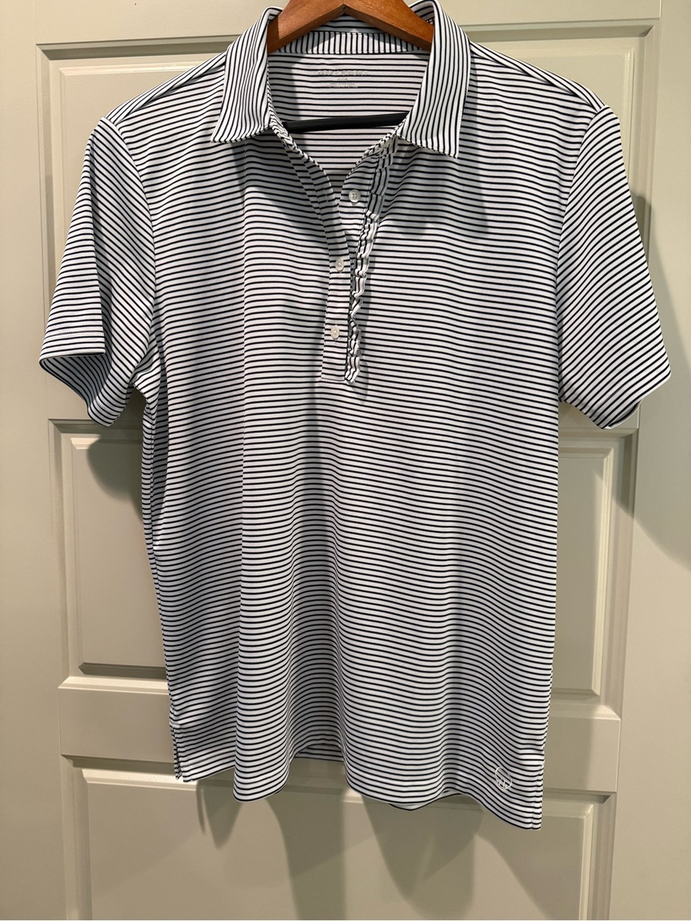 Tory Sport Striped Ruffle Placket Polo Shirt - Black and White